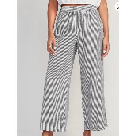 Old Navy linen blend grey white striped wide leg pull on pant M - Picture 1 of 9